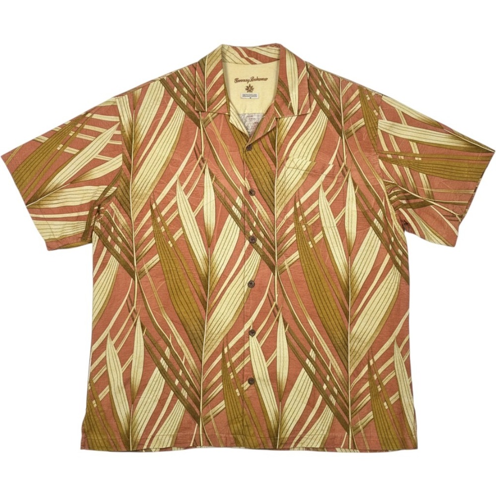 Tommy Bahama Silk Camp Shirt Mens XLX Orange Yellow Palm Leaf Tropical Aloha